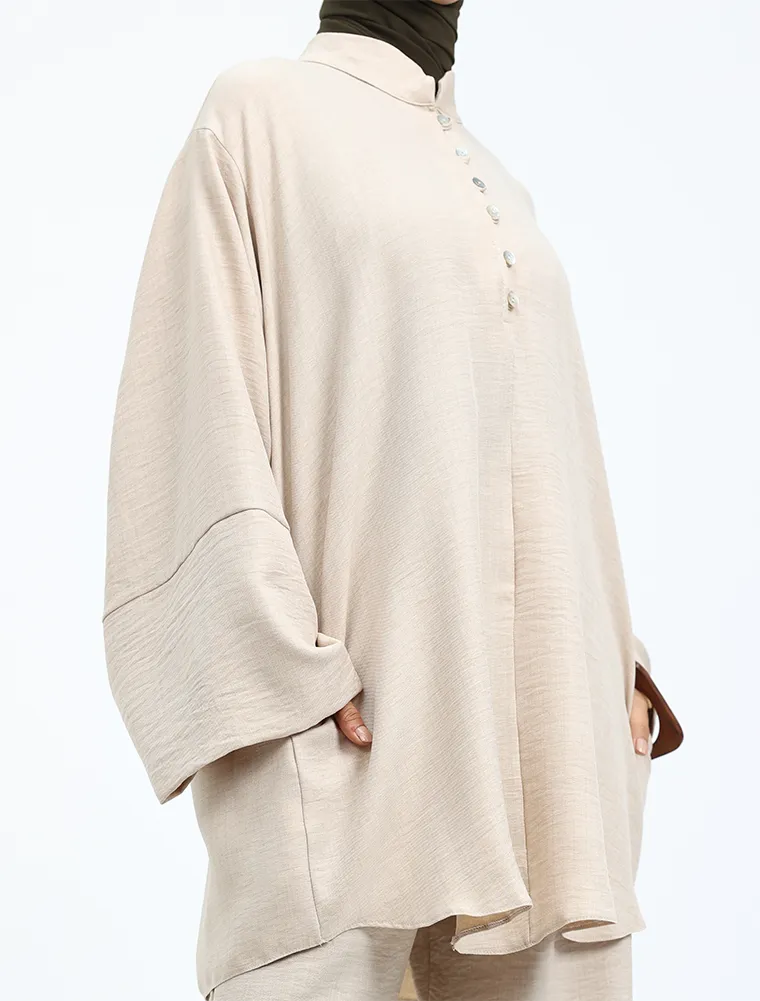 Beige Linen Feel Button Detail Co Ord Set